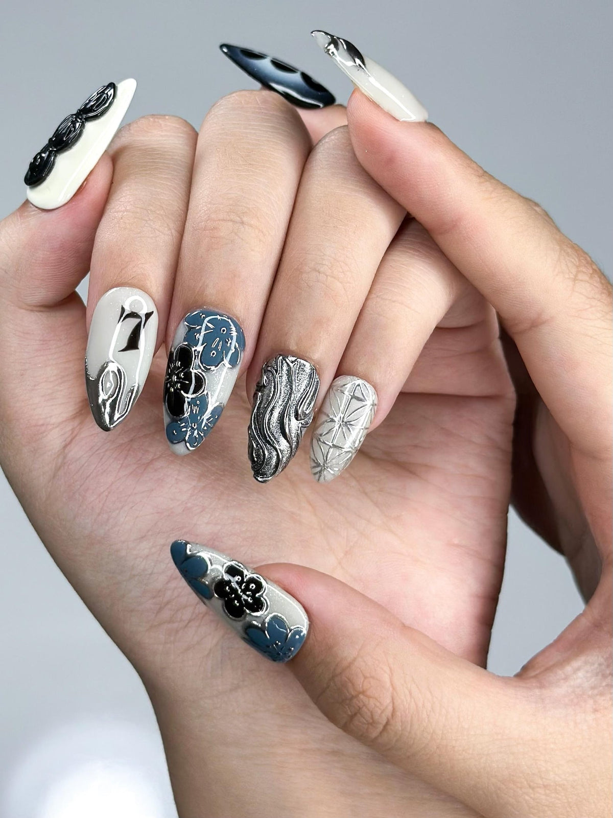 Kpop Inspired Indigo Voyage Nails | 7 Spirit Arirang Silver Shark Nails | Ocean Muse 3D Chrome Nails | Handmade Nails | OC357IC