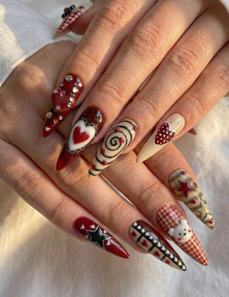 Nail Tabs for Press On Nails – Cherry Heart Teddy Gingham Nude Red Valentine Nails | OB23L