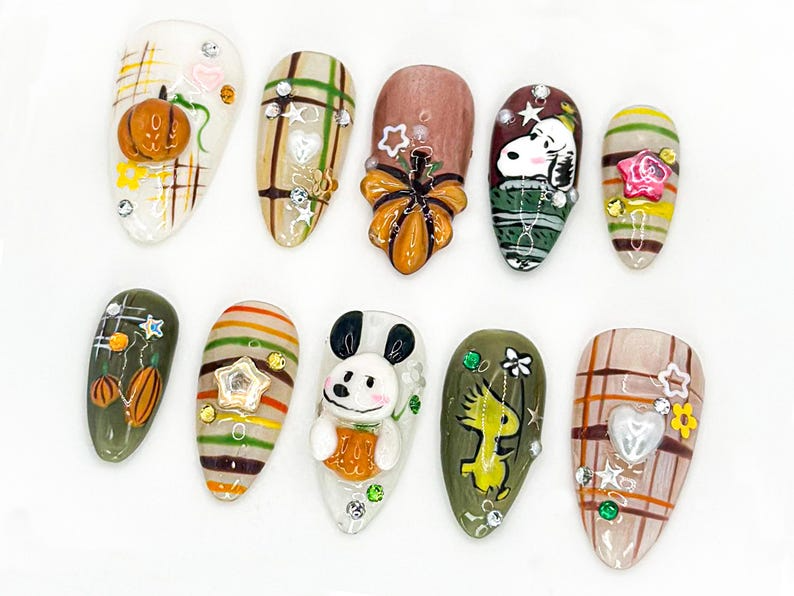 Cute Autumn Press-On Nails| 3D Cartoon & Rustic Style | Hand-Painted Nail Art | Unique Fall Nail Art | Autumn-Themed Press-On Nails|OB588LC