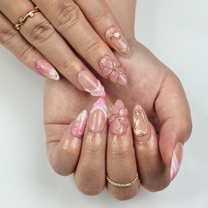 Blush Bloom Elegance Press On Nails with 3D Floral Accents| Gold Details & Pink Ombre| Suitable for Wedding| Events or Gift for Her OC828LK