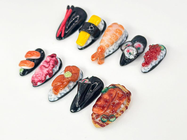 3D Japanese Sushi Press-On Nails | Sushi Nails with 3D Rolls and Nigiri Designs | Japanese Food Nail Art | Fun and Unique Design | OA647HC