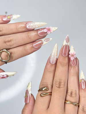 3D Pink Lily & Lemon French Nails | Summer Ocean Shell Press Ons | Luxury Tropical Botanical Stiletto Art | OB373IC