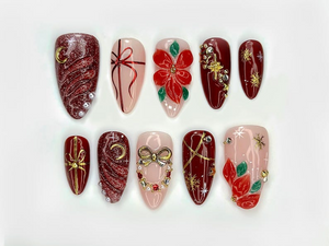 Floral Christmas Press On Nails | Red Gift Bow Nails | Luxury Winter Nail Art | Red Gold Holiday Nail Set | OB213EK
