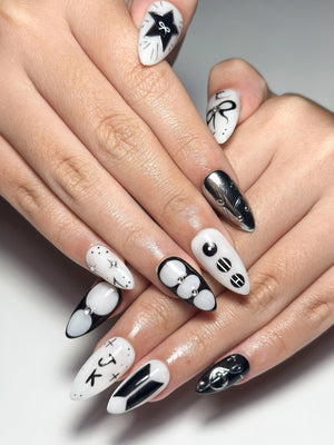 JungKook Inspired Black & White Nails | Kpop JK Solo Era Press Ons | Y2K Star and Bow Nails | Musical Note Gothic Press Ons | OC364IK