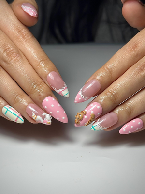 Cute Cat Pink Press On Nails | 3D Kitty Nail Art | Kawaii Pastel Plaid Nails | Handmade Character Nails | Soft Girl Cat Press Ons | OB323HC