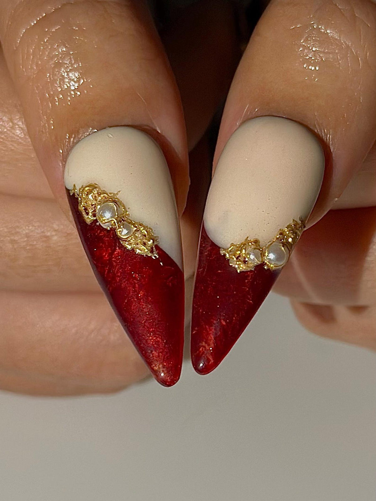 Red Chrome Luxury Press On Nails | Gold Frame Pearl Nail Art | Elegant Burgundy Stiletto Nails | Baroque Glam Nail Design | OC1305HC