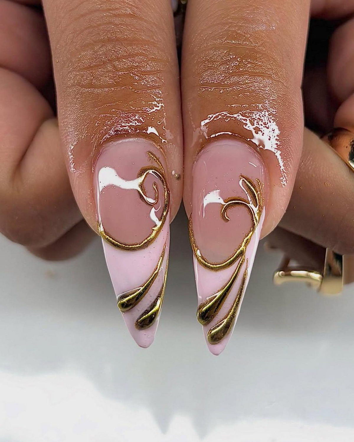 Nude Pink Gold Press On Nails | Luxury Molten Metal Nail Art | Elegant Long Stiletto Press Ons | Baroque Couture Nail Design | OC1246HC