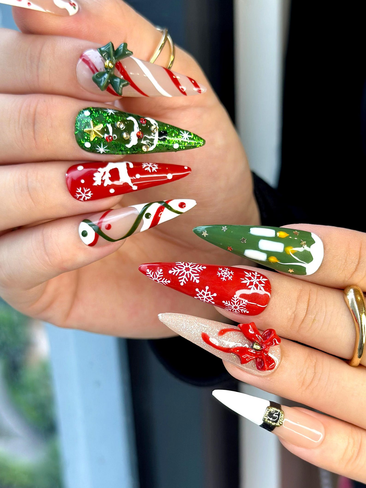 Cozy Knit Christmas Press On Nails | Red Green Holiday Nail Art |Festive Tree & Ribbon Design| Candy Cane And Snowflake Design | OB1195EK