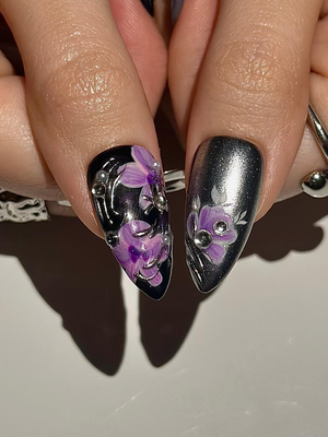 Gothic Violet Chrome Press On Nails | Black Silver Luxury Nails | 3D Baroque Floral Nails | Dark Elegant Nails | OC310HC