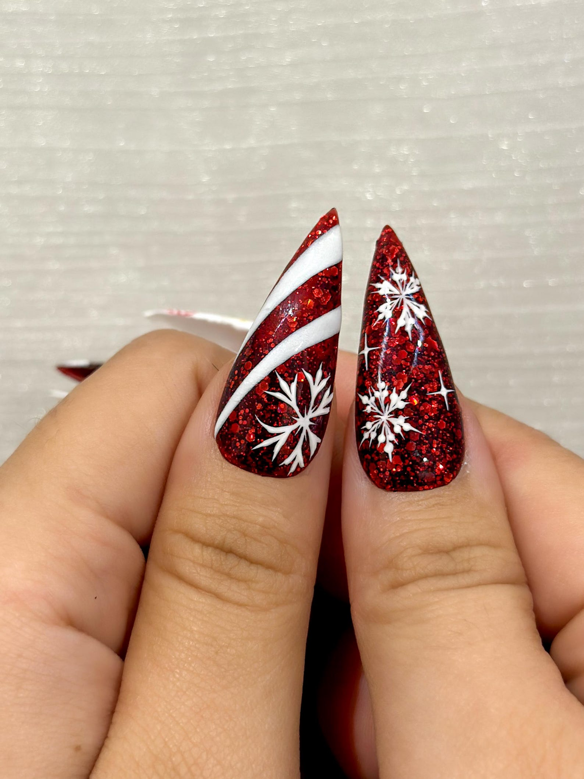 Red Glitter Christmas Press On Nails | Nails | Candy Cane Christmas Nail Art | Holiday Stiletto Nail Art | Luxury Festive Press Ons|OB1210EC