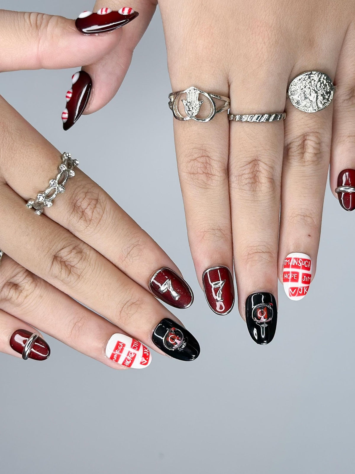 Kpop Inspired Arirang Spirit Nails | 7 Spirit Cupid Voyage Press Ons | Red White Silver 3D Chrome Nails | Fandom Concert Nails | OB359IC