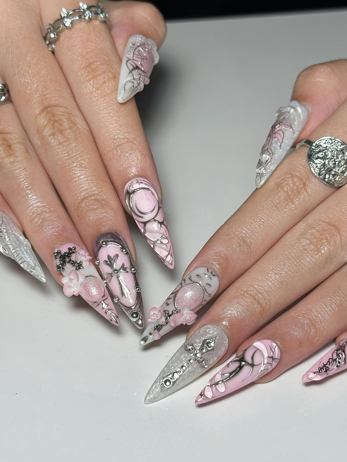 3D Pink Gothic Cyber Nails | Silver Chrome Cross Press Ons | Ethereal Grunge Liquid Metal Nails | Y2K Punk Butterfly Press Ons | OB362IC