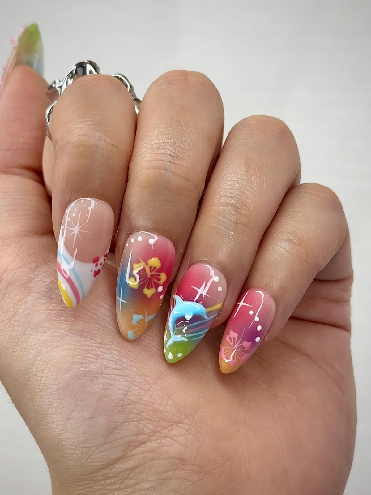 Midnight Sun Press On Nails for Y2K Lovers | Sunset Ombre Rainbow Nails with 3D Floral Art | 90s Nail Design | Artistic Press Ons | OB290HC