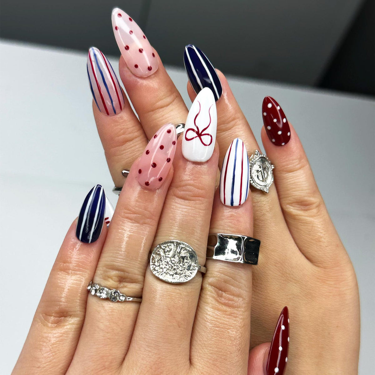 4th of July Press On Nails | Red White Blue Coquette Nails | Patriotic Almond Nails | USA Flag Summer BBQ Nails | Americana Nails | OB399LK