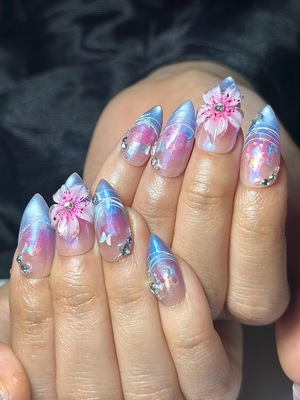 Aurora Galaxy Floral Press On Nails | Iridescent Chrome Stiletto Nails | 3D Sakura Flower Nails | Fantasy Butterfly Nail Art | OB1044HC