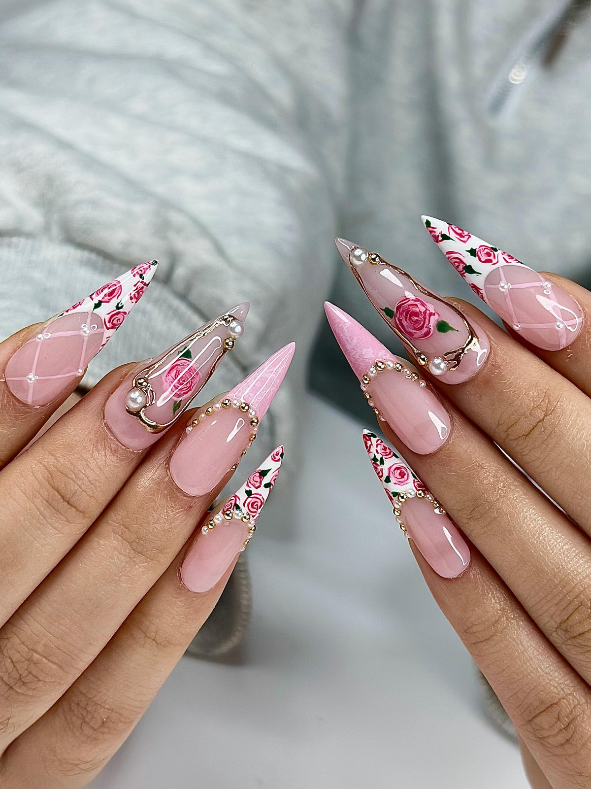Pink Rose Press On Nails for Bridal | Handmade Rose Flower Nails with Pearls | Elegant Wedding Press Ons | Gold Frame Floral Nails | OB295HC