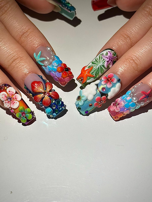 Midnight Sun Press On Nails for Festival | Colorful 3D Flower Nails | Festival Nail | Tropical Summer Luxury Nails | Artistic Nails| OA300HC