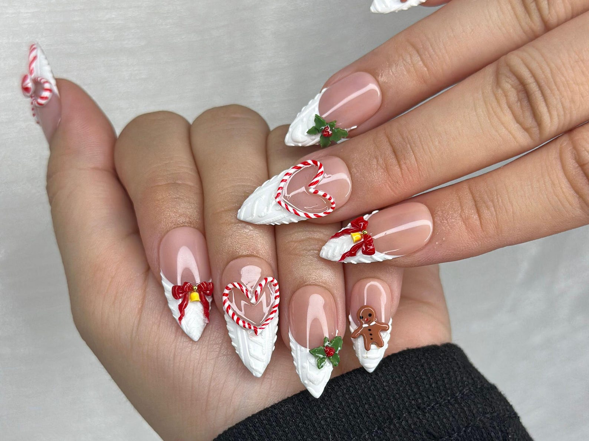 Winter Wonderland Press On Nails For Christmas | 3D Christmas Cookie Nail Art | Red White Holiday Nails | Gingerbread & Bow Press Ons | OB1197HC