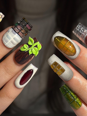 Abstract Texture Press On Nails, Mixed Media Artisan Nails with 3D Foliage, Handcrafted Gemstone and Mosaic Tile Reusable Nails, OB306HC
