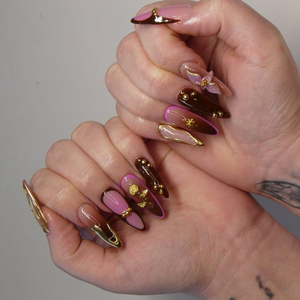 Golden Rose Luxe Press On Nails | Pink & Brown Glam Nail Art | 3D Bow And Rose Accents | Handmade Luxury Stiletto Nails | OB185EK