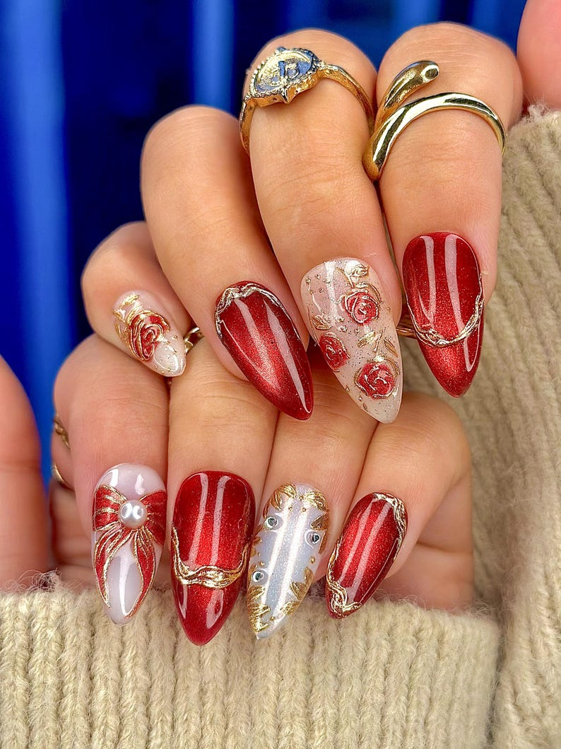 Press On Nails For Christmas | Holiday Christmas Nails | Gold Leaf Luxury Nail Art | Pearl Accent Classy Nails | OB210EC