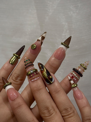 Brown Gold Luxe Press On Nails | Sculptural Ring Nail Art | Luxury Jewelry Inspired Nails | High Fashion Press Ons | Luxury Nail | OB262HK
