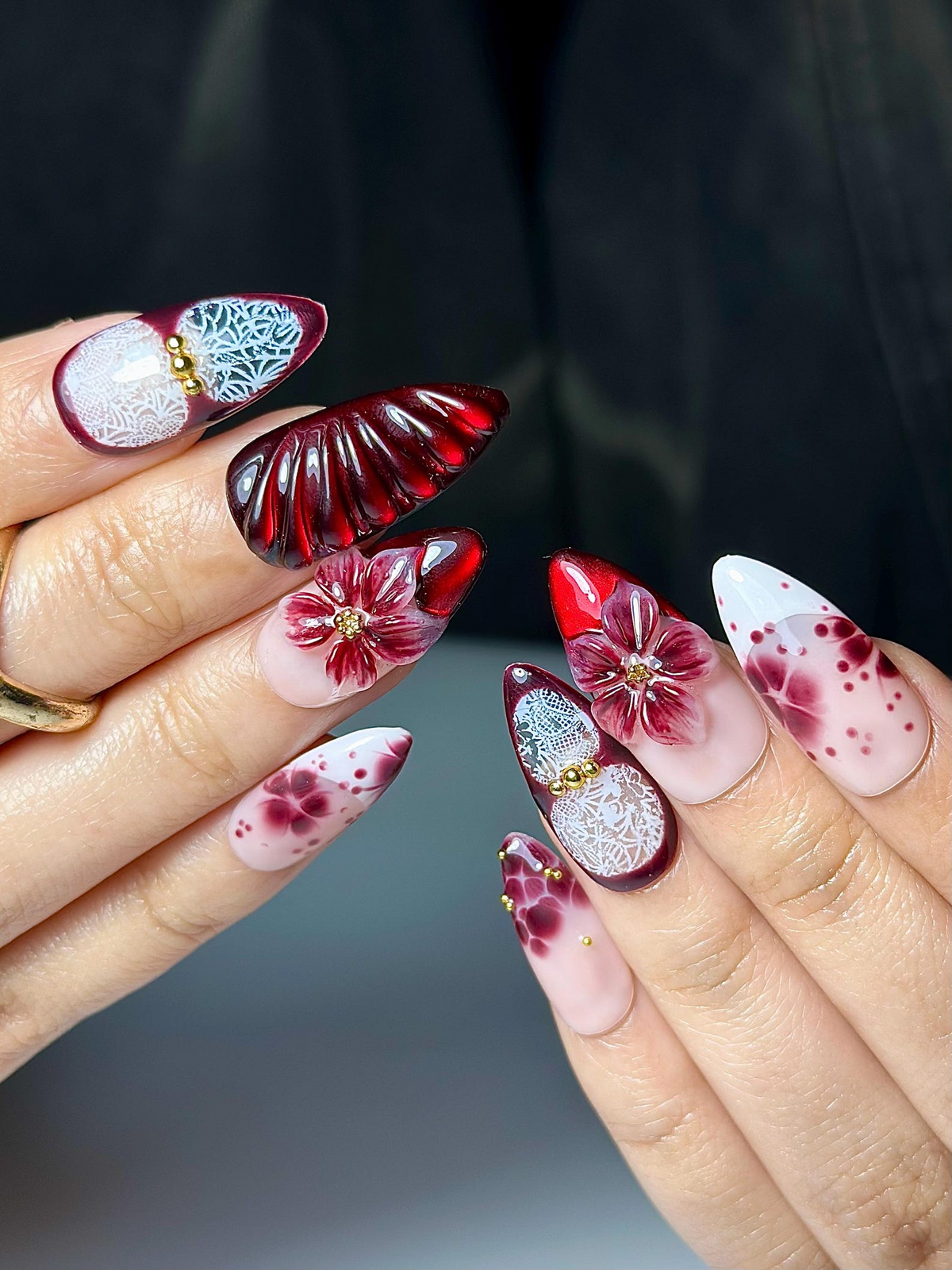 Burgundy Red Floral Press On Nails | 3D Wine Flower Nails | Dark Romantic Nail Art | Elegant Gradient Nails | Luxury Press Ons | OB324HK