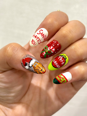 Grinch Mischief Press On Nails For Christmas | Cute Cartoon Winter Nail Art | Funny Holiday Nails | Red Green Christmas Set |OB227EG