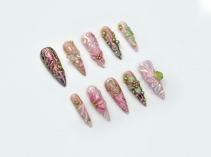 Enchanted Garden Fantasy Press On Nails | 3D Floral Nail Art | Iridescent Pink Luxury Nails | Handmade Long Sculpted Nails | OB190EC