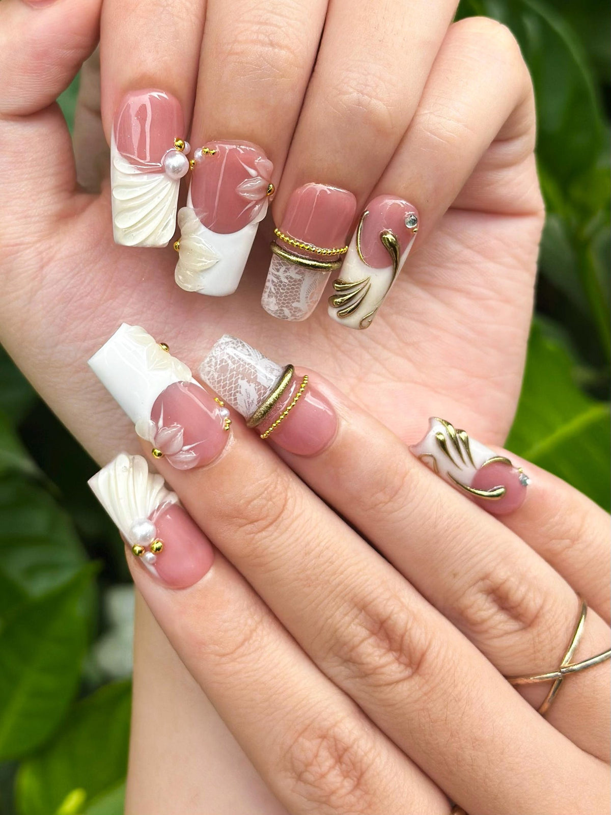 Royal Balletcore Press On Nails | Luxury Pearl Bow Fake Nails | Handpainted Gold French Tip Nails |Elegant Bridal Nails Reusable | OB343IC