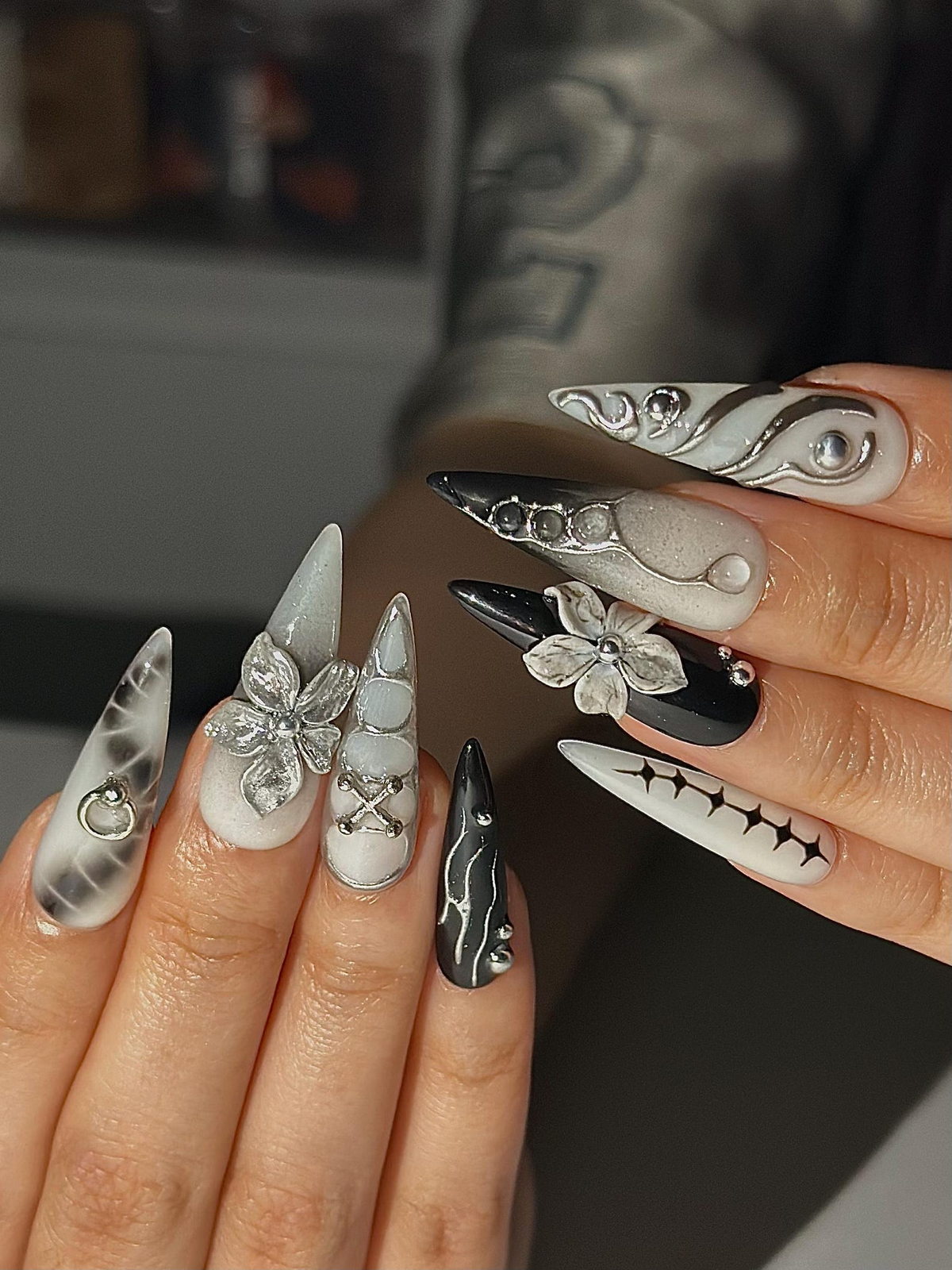 Gothic Silver Flower Press On Nails | Black White Stiletto Nails | Dark Floral Nail Set | Edgy Gothic Nails | Handmade Press Ons | OC1297HC