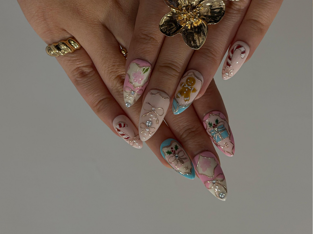 Pink Pastel Christmas Press On Nails | Pastel | Gingerbread & Candy Cane Nails | Pink Christmas Press Ons | Cute Festive Design | OB218HC