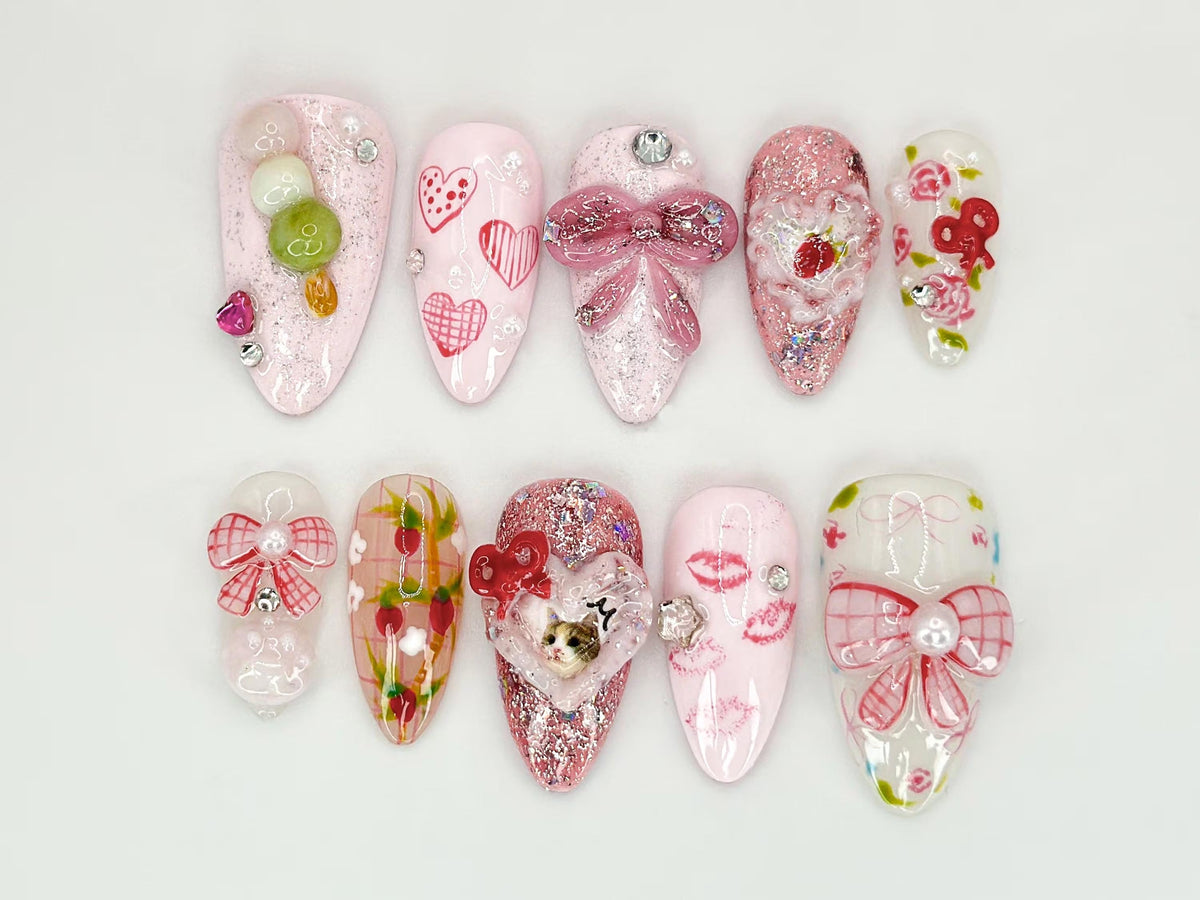 Pink Bow Romance Press On Nails | Cat, Heart & Ribbon Themed Nail Art | Custom Cat Nail Designs | Cute and Sparkly Pet Nail Art | OC556HC