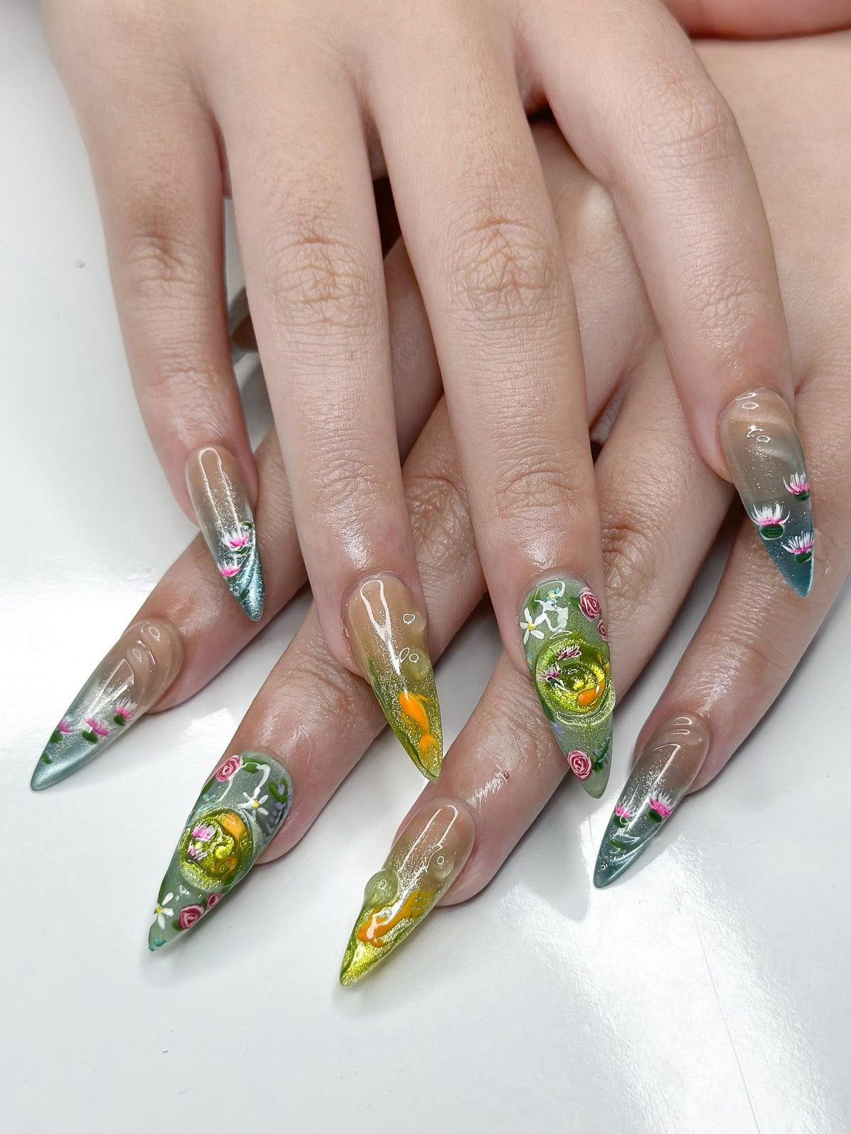 Zen Koi Pond Press On Nails | 3D Lotus Flower & Goldfish Art | Ethereal Ombre Shimmer Nails | Botanical Water Ripple Press Ons | OB361IC