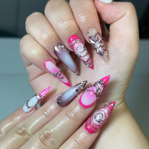 Hot Pink Press On Nails | Luxury Cyber Gyaru Stiletto Nails | 3D Chrome Flower Metallic Fake Nails | Y2K Futuristic Gift | OB406LK