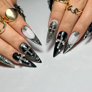 Black Gothic Press On Nails | Dark Alternative Nail Art | 3D Cross Nail Art with Pearls | Punk Fake Nails | Punk Rock Press Ons | OC194YP