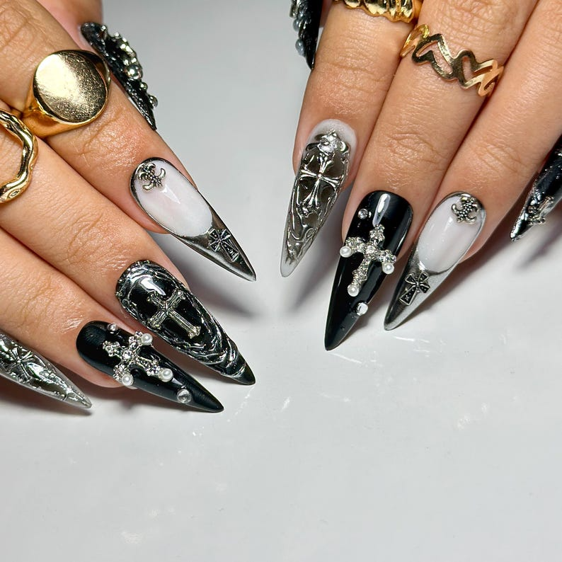 Black Gothic Press On Nails | Dark Alternative Nail Art | 3D Cross Nail Art with Pearls | Punk Fake Nails | Punk Rock Press Ons | OC194YP