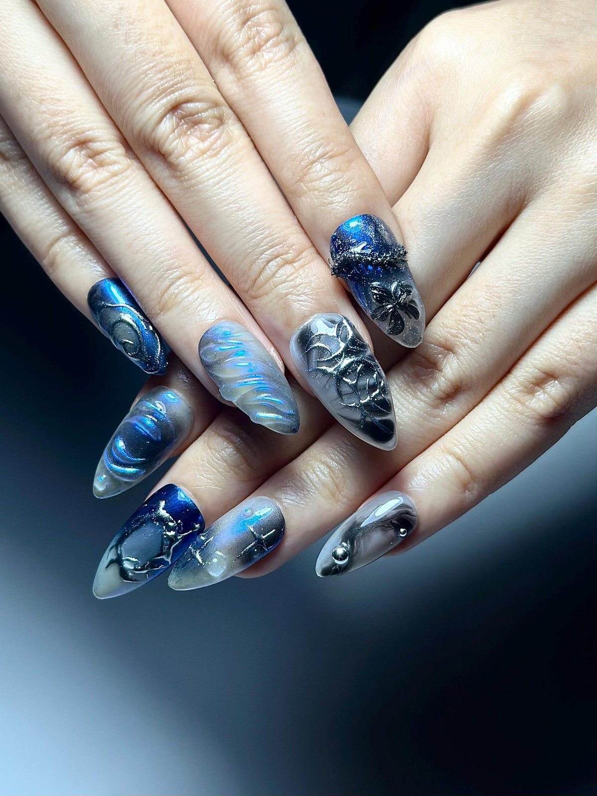 Galaxy Gothic Press On Nails | Dark Blue Chrome Cat Eye Nails | Celestial Star Night Nail Art | Handmade Cosmic Gel Nails | OB328IC