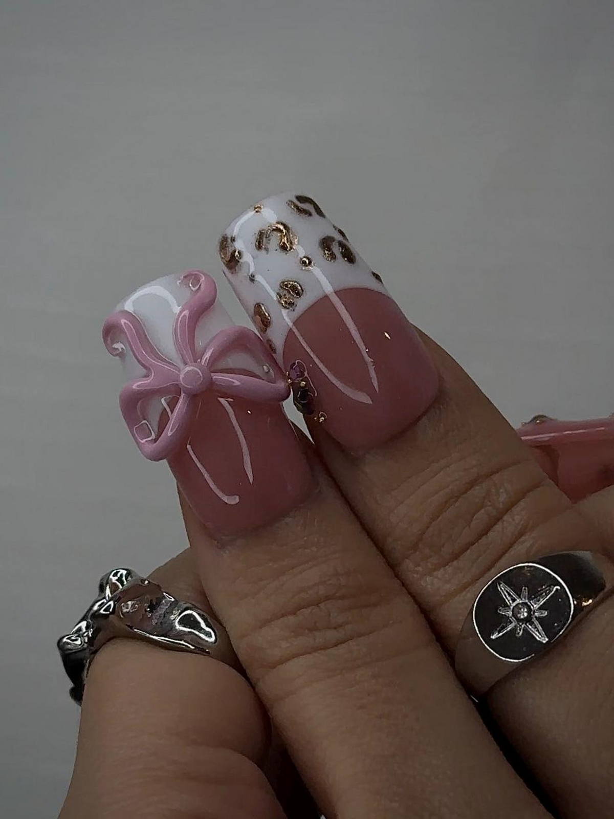 Blush Pink Leopard Press On Nails for Luxury Nail Lovers | Nude Pink Nails with 3D Bow Accent| Leopard French Tips with Gold Detail| OB288HC
