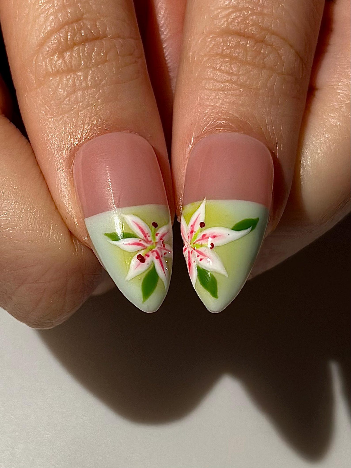 Soft Lily Floral Press On Nails for Spring | Pink Green Flower Nails | Lilies Nail Art | Botanical Press Ons | Romantic Spring Nail| OB294HC