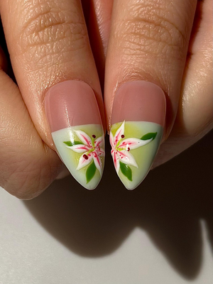 Soft Lily Floral Press On Nails for Spring | Pink Green Flower Nails | Lilies Nail Art | Botanical Press Ons | Romantic Spring Nail| OB294HC