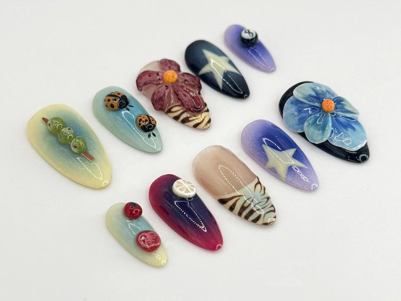 3D Floral & Fruit Press On Nails | Durable and Stylish False Nails | Vegan and Cruelty-Free Nail Set | Unique Nail Art | OB526HK