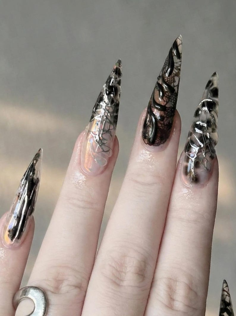 Press On Nails Adhesive Tabs – Black Silver Chrome Abstract Art Long Stiletto Handmade Fake Nails for Gothic Futuristic Look | OB2L