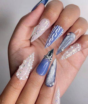 Frosted Winter Elegance Christmas Nails | Icy Blue Chrome Nail Art | Pearl Snowflake Design | Winter Wonderland Nails | Luxury Nail|OB1199HK