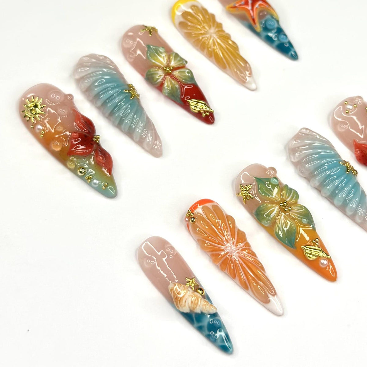 3D Fruit & Tropical Flower Nails | Yellow Lemon Orange Citrus Press On | Pastel Blue Shell Starfish Art | Summer Beach Vacation | OB1349D