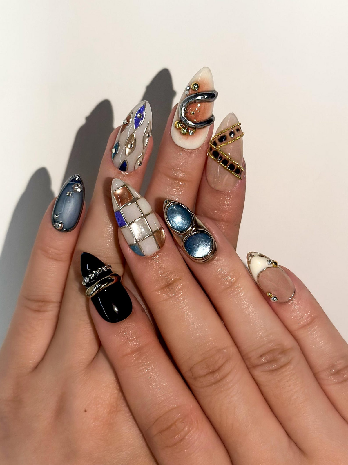 Luxury Blue Silver Press On Nails | Nude Gilded Ring Nail Art | Nude & Steel Statement Nails | High Fashion Almond Nails | OB1023EC