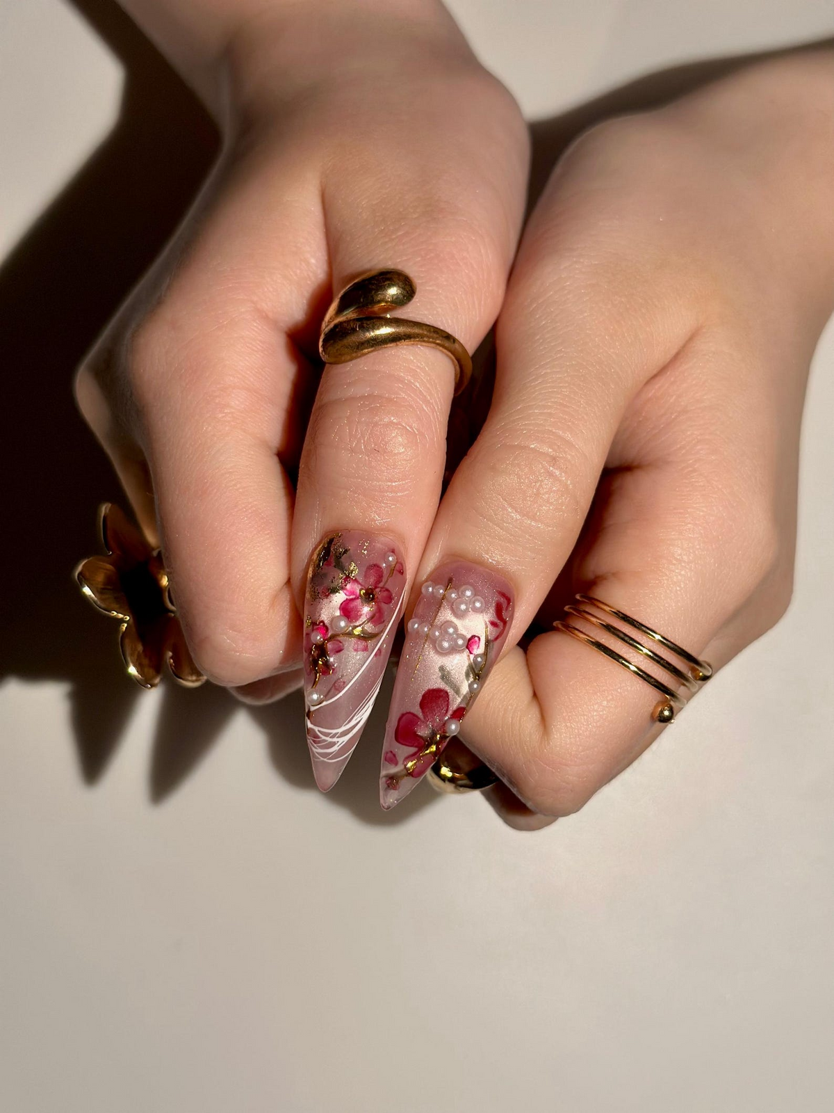 Handmade Cherry Blossom Press On Nails, Asian Inspired Luxury 3D Jade and Gold Leaf Nails, Elegant New Year Luxury Fake Nails, OB1021HC