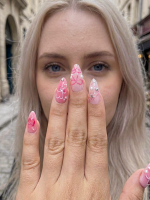 Press On Nails with Pink Ribbon & Heart Charm Design, Handmade Long Glossy Fake Nails for Romantic Coquette Look or Aesthetic Statement Nails | OB279