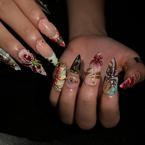 Luxury Floral Press On Nails, Burgundy Gold Nails, 3D Flower Nail Set, Vintage Glam Handmade Press On Nails, OB1377U