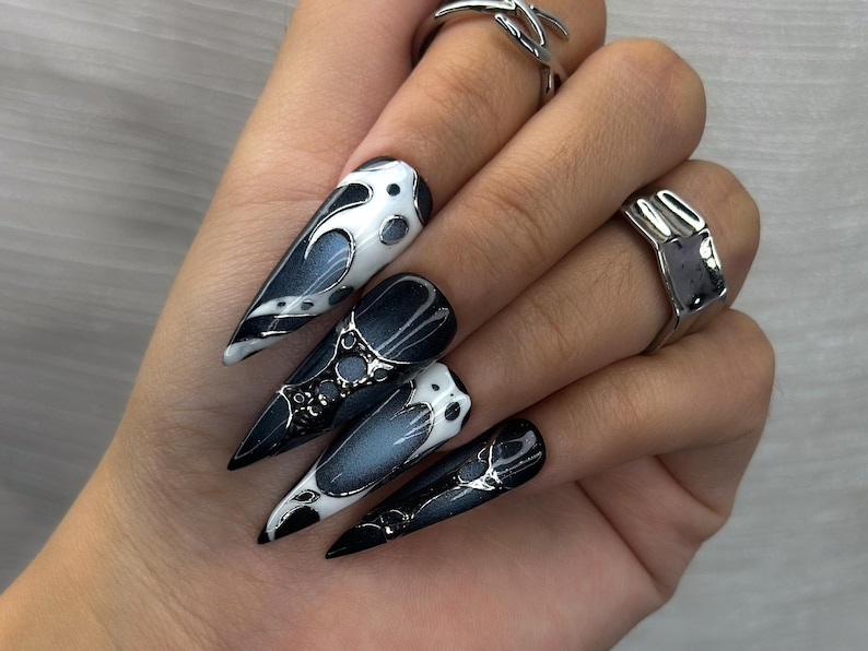 Winter Galaxy Press On Nails | Black & Silver Metallic Nail Art | Space-Inspired Chrome Design | Gothic Celestial Nails | OC1166BK